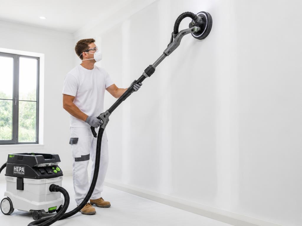 Professional dust-free sanding equipment on a freshly finished wall